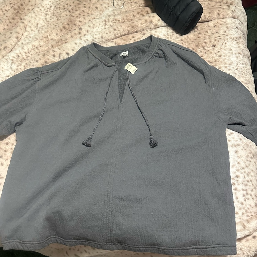 Gray Long-Sleeve Top with Drawstring